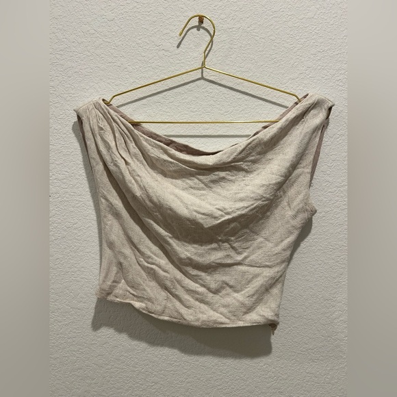 Peppermayo linen oatmeal beige Cream off shoulder Women's Top - Picture 3 of 10
